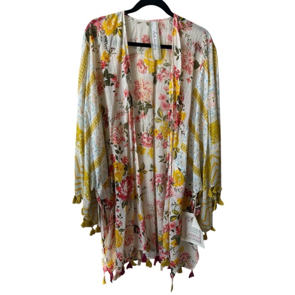 Aratta Color Story Mustard Floral Tassel Boho Hippie Open Front Kimono One Size